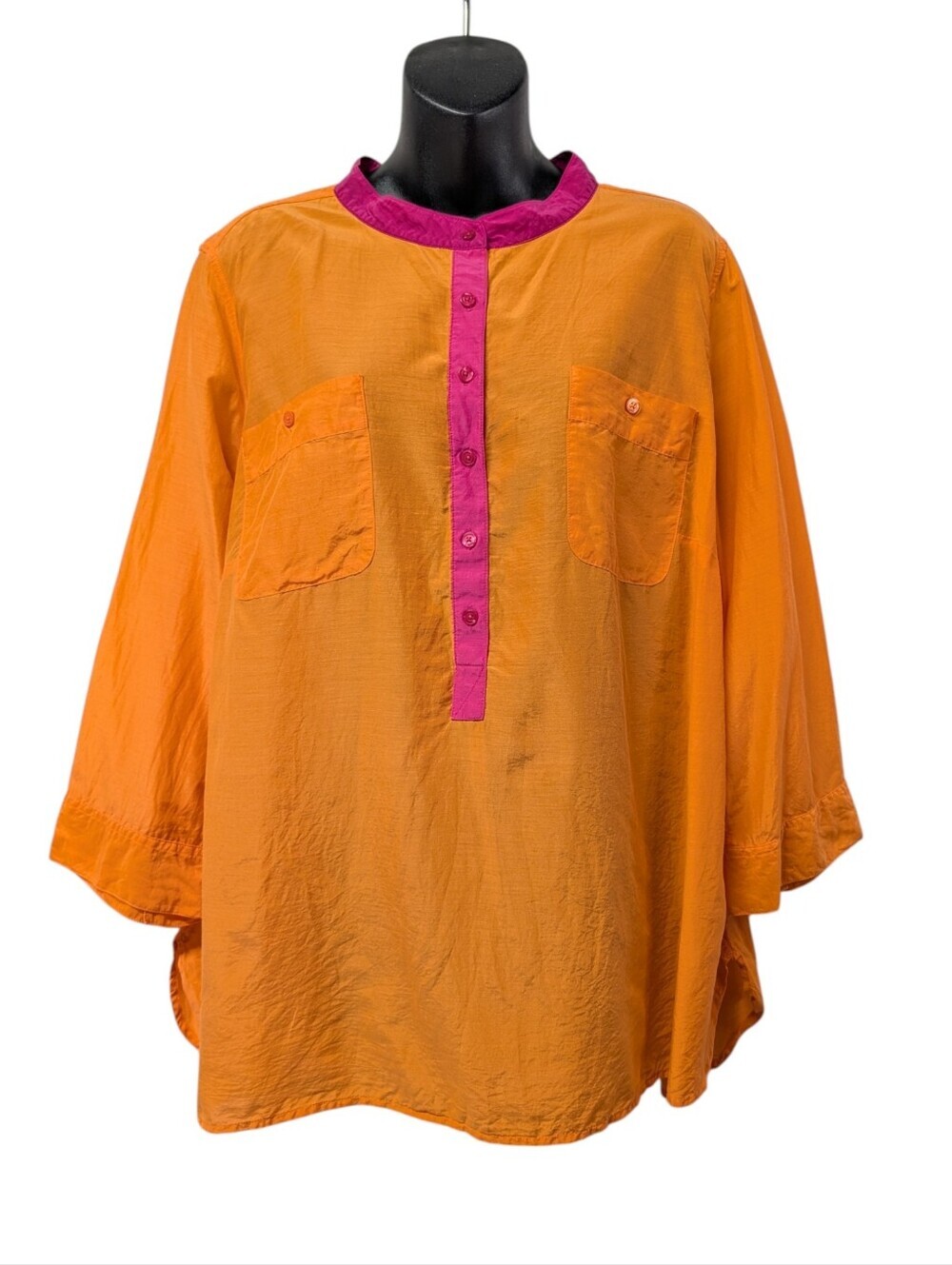 JCPenney 3X Orange Pink Silk Blend 3/4 Sleeve Blouse Chest Pockets Button Light